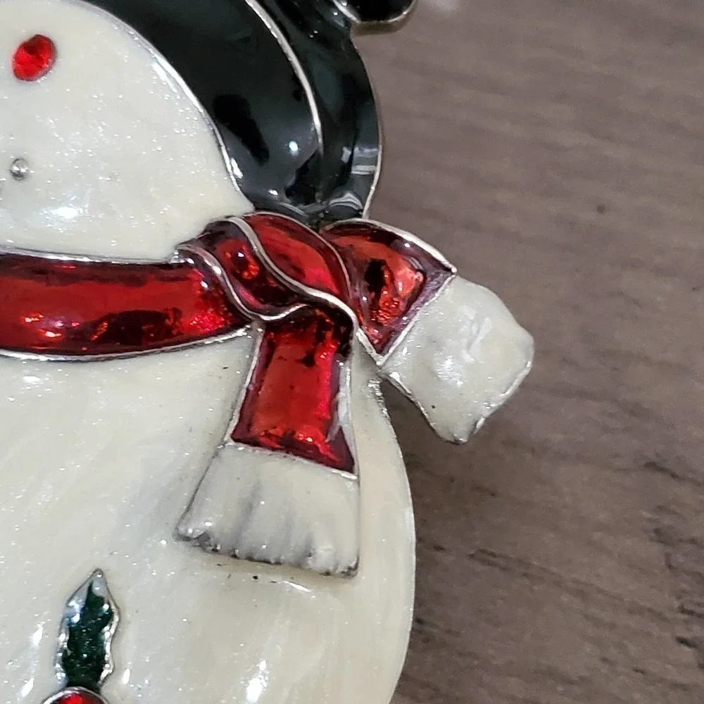 Christmas Snowman with Rhinestone Accents and Mistletoe Brooch